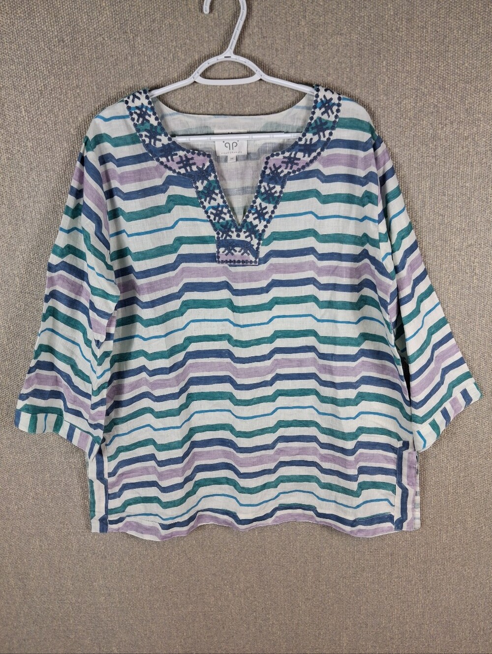Pomegranate Top Womens M BOHO 100% Linen Embroidered Trim Tunic Coastal Style